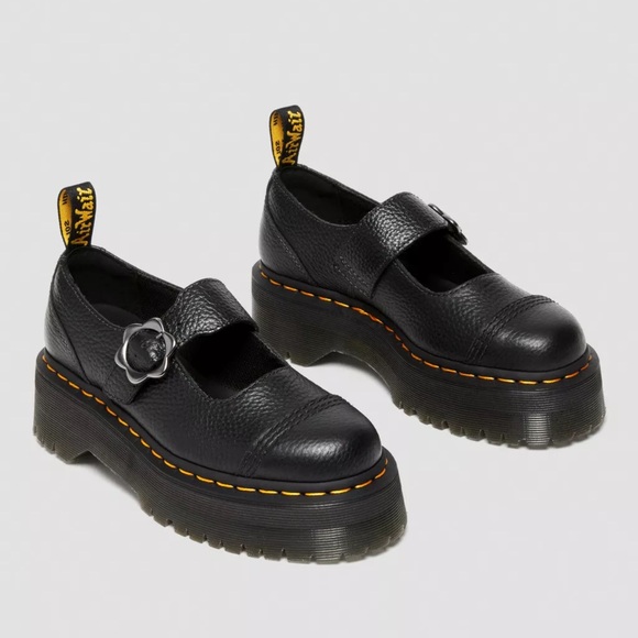DR MARTENS BLACK ADDINA FLOWER BUCKLE LEATHER PLATFORM SHOES 9USW 7Uk /41EU - Picture 1 of 8